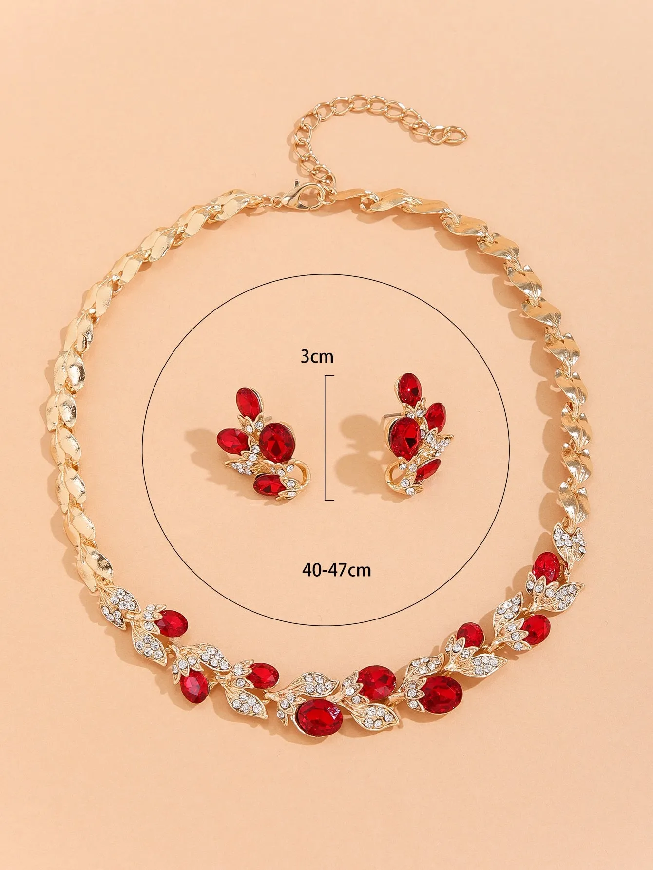 Rhinestone Leaf Decor Necklace & Earrings- Red
