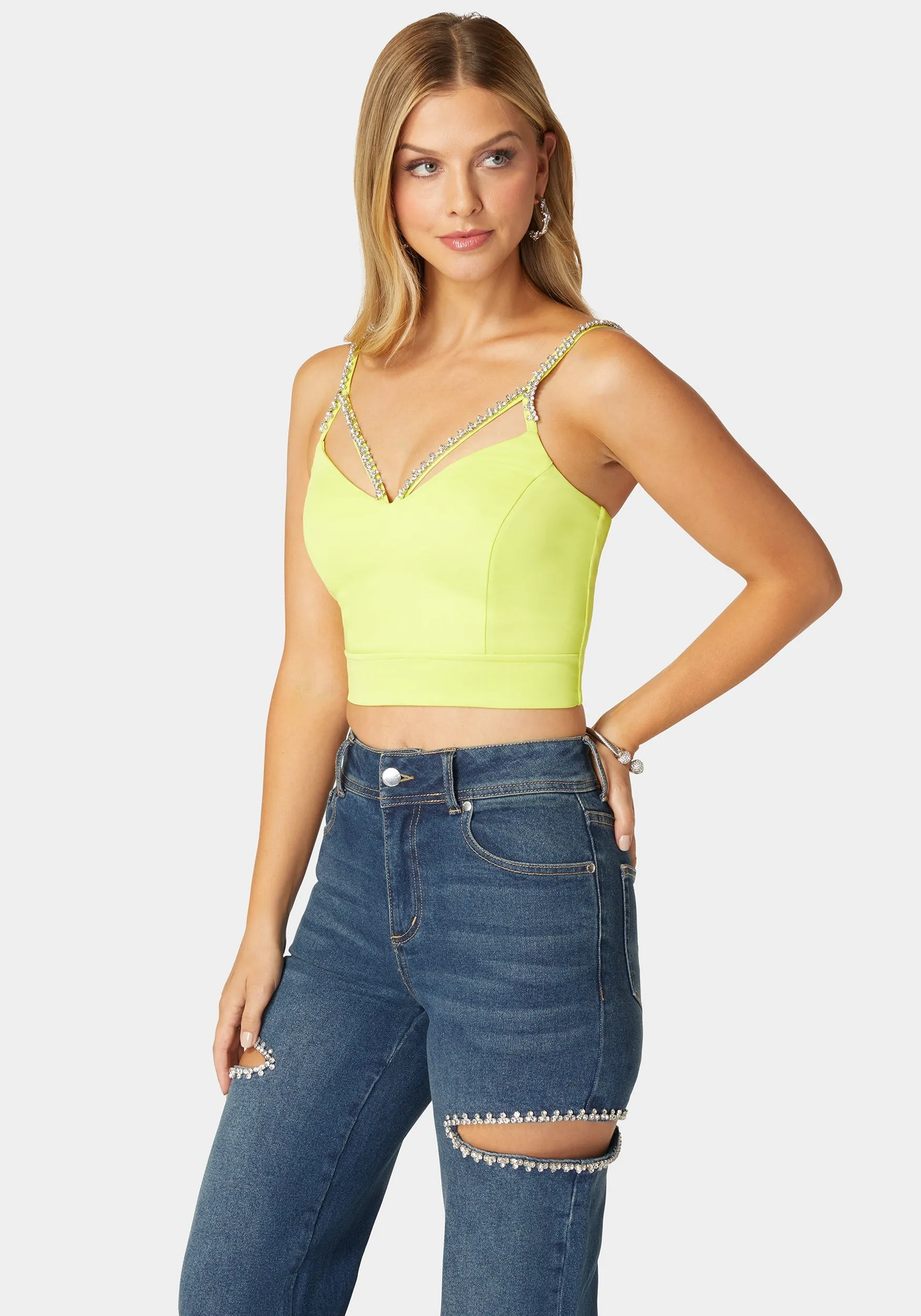 Rhinestone Trim Sleeveless Knit Top