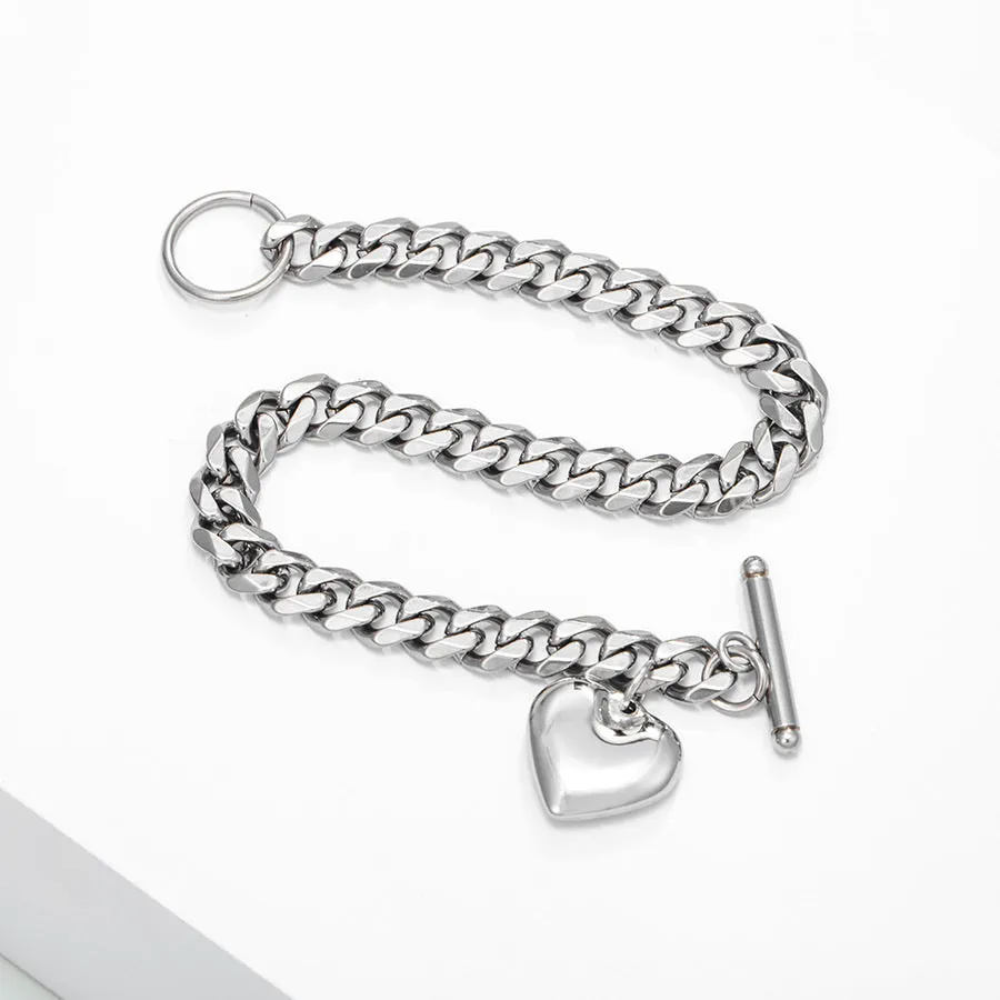 Rhodium Plated Stainless Steel Heart Bracelet