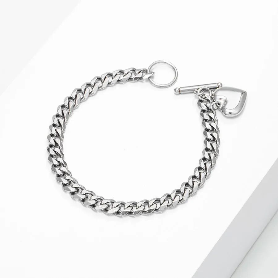Rhodium Plated Stainless Steel Heart Bracelet