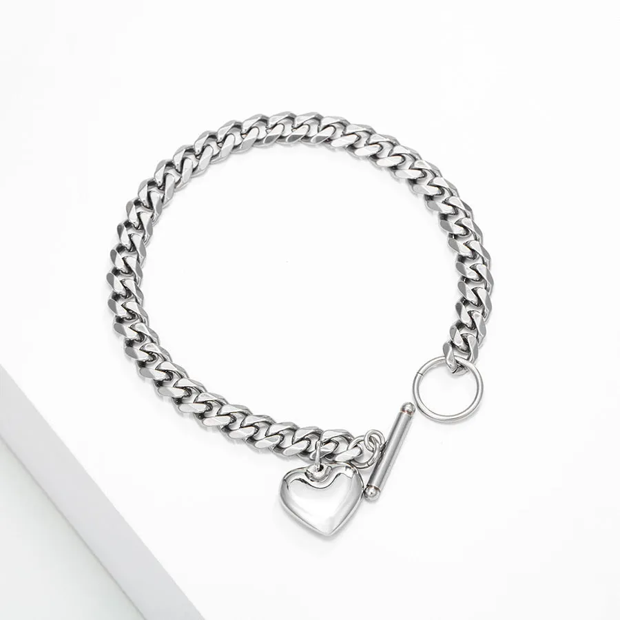 Rhodium Plated Stainless Steel Heart Bracelet