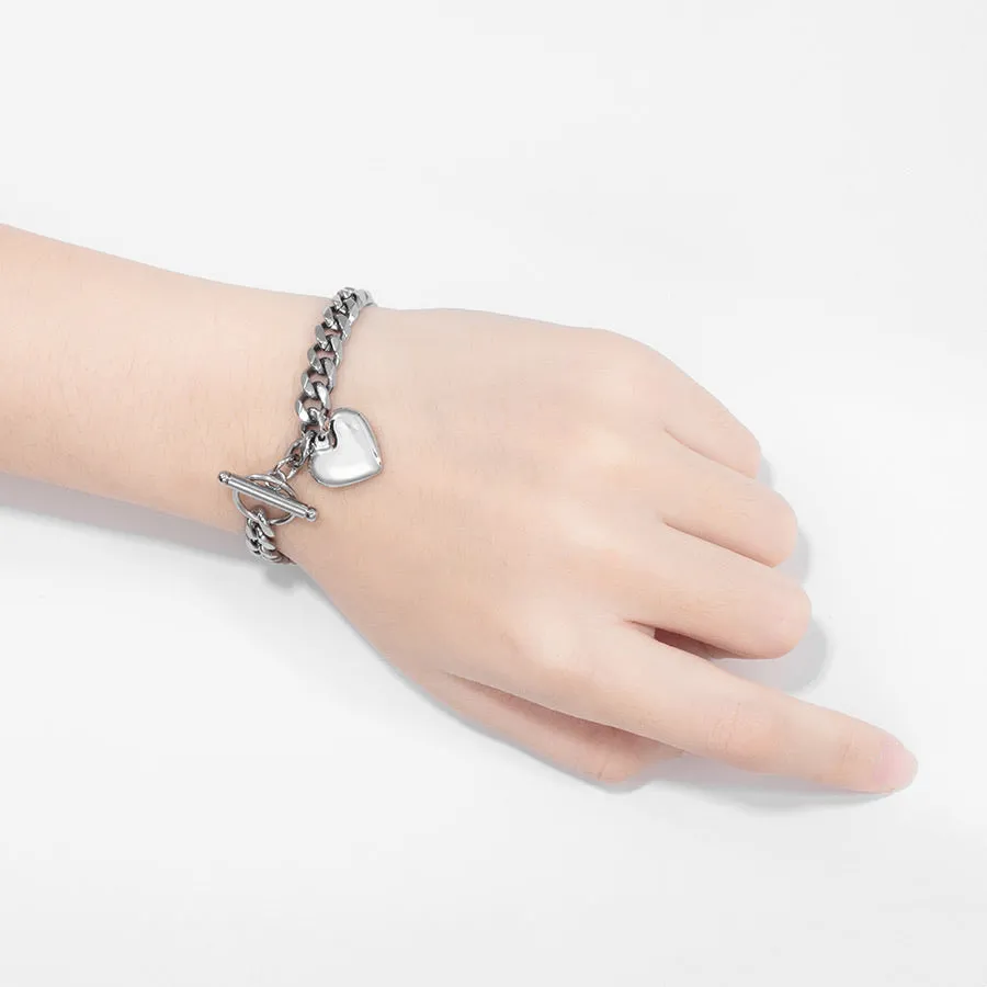 Rhodium Plated Stainless Steel Heart Bracelet