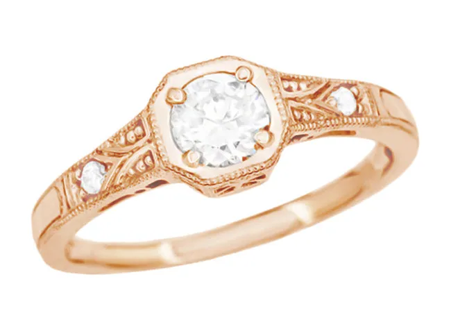 Rose Gold 1930's Vintage Style Art Deco Filigree White Sapphire Engagement Ring