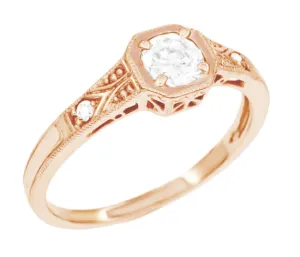 Rose Gold 1930's Vintage Style Art Deco Filigree White Sapphire Engagement Ring