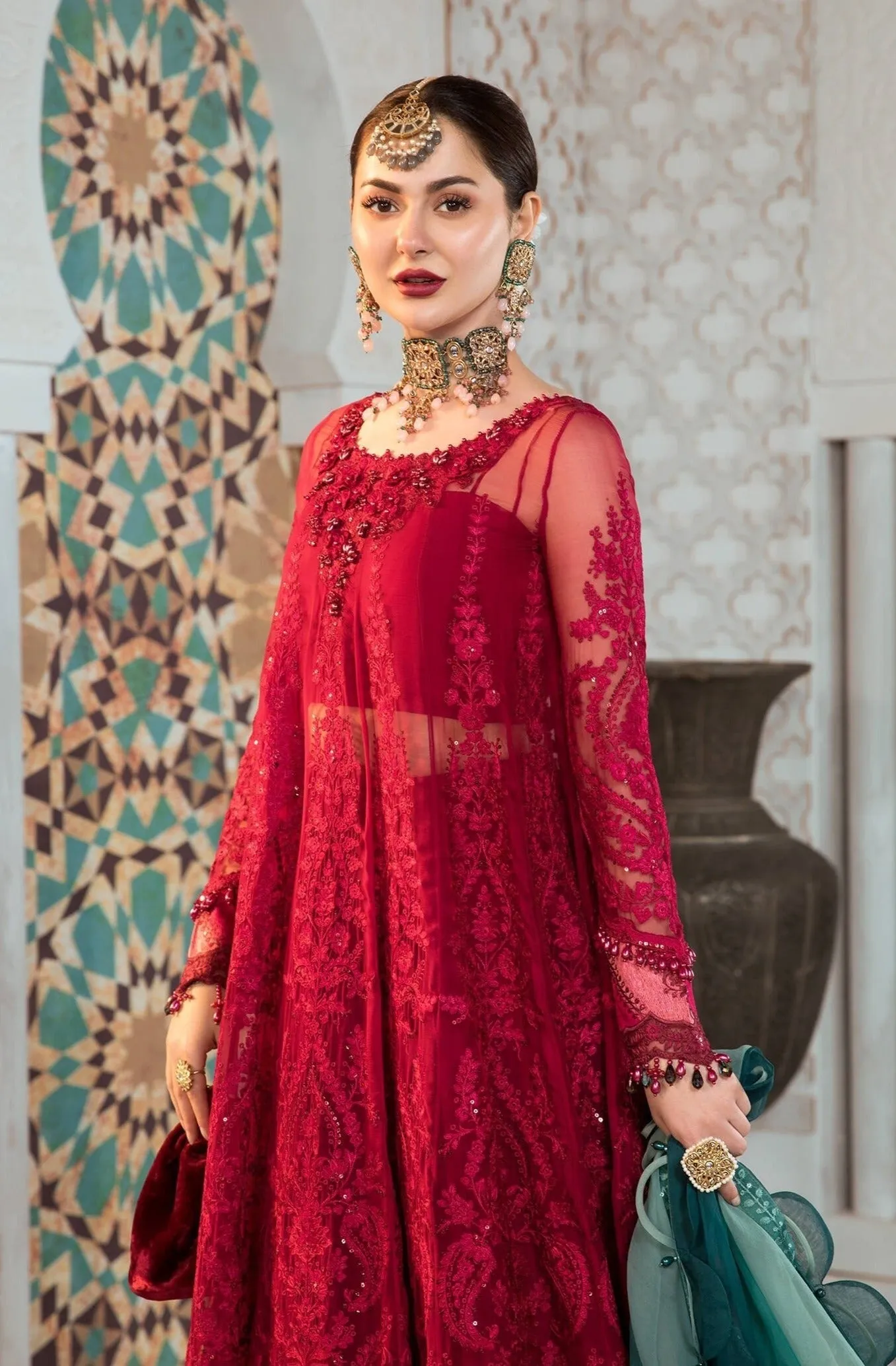 Royal Embroidered Red Frock Lehenga Pakistani Eid Dress