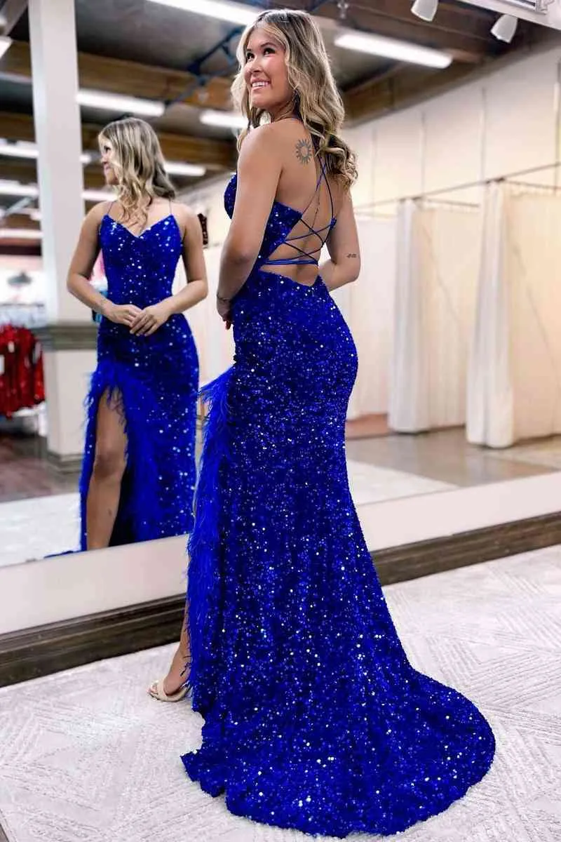 Roycebridal Kadrina |Mermaid V Neck Sequins Long Prom Dress with Slit