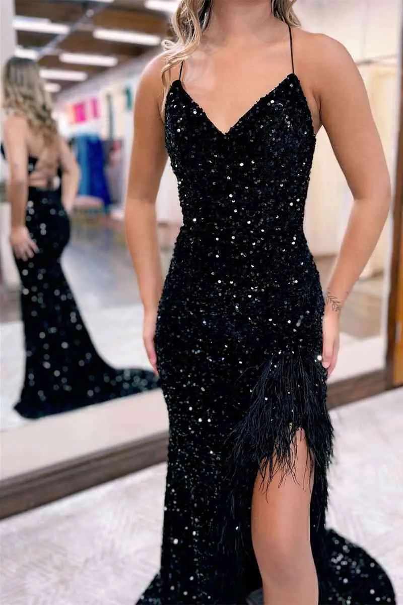 Roycebridal Kadrina |Mermaid V Neck Sequins Long Prom Dress with Slit