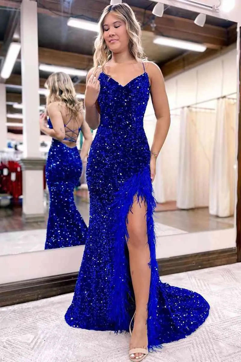 Roycebridal Kadrina |Mermaid V Neck Sequins Long Prom Dress with Slit