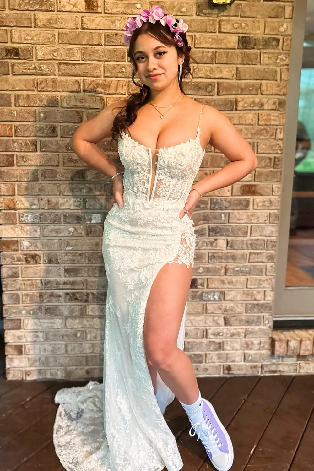 Roycebridal Kairi |Mermaid Spaghetti Straps Appliques Prom Dress with Slit