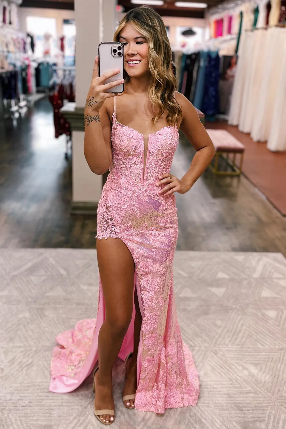 Roycebridal Kairi |Mermaid Spaghetti Straps Appliques Prom Dress with Slit