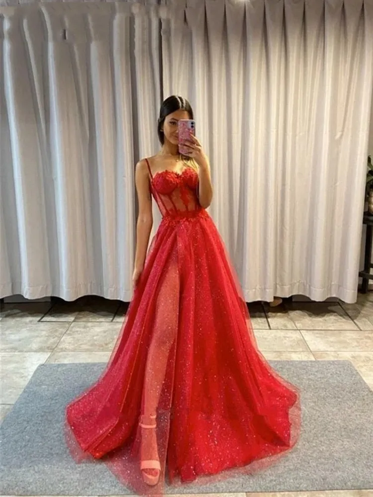 Roycebridal Keily |A-line Spaghetti Straps Glitter Tulle Prom Dress