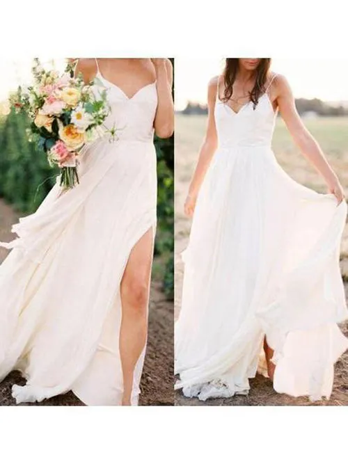 Roycebridal Simple Spaghetti Strap Summer Cheap Wedding Dresses with Slit, MW286