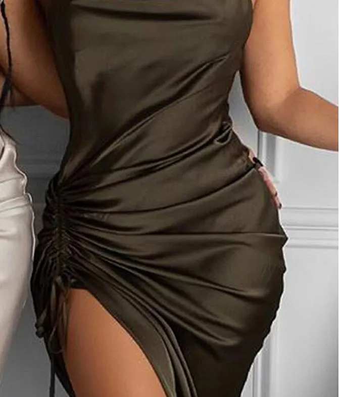 Ruched Drawstring Satin Bodycon Dress