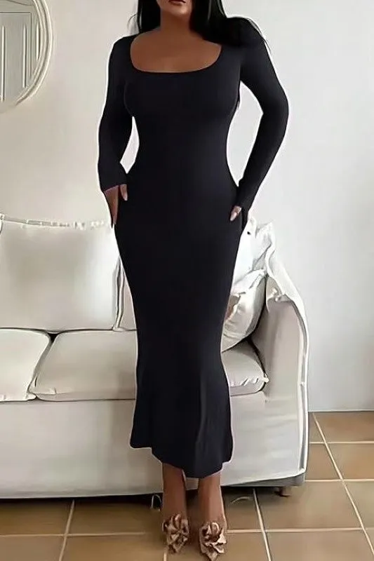 Scoop Neck Long Sleeve Mermaid Maxi Dress
