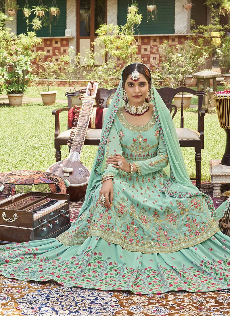 Sea Green Traditional Embroidery Lehenga Kurti