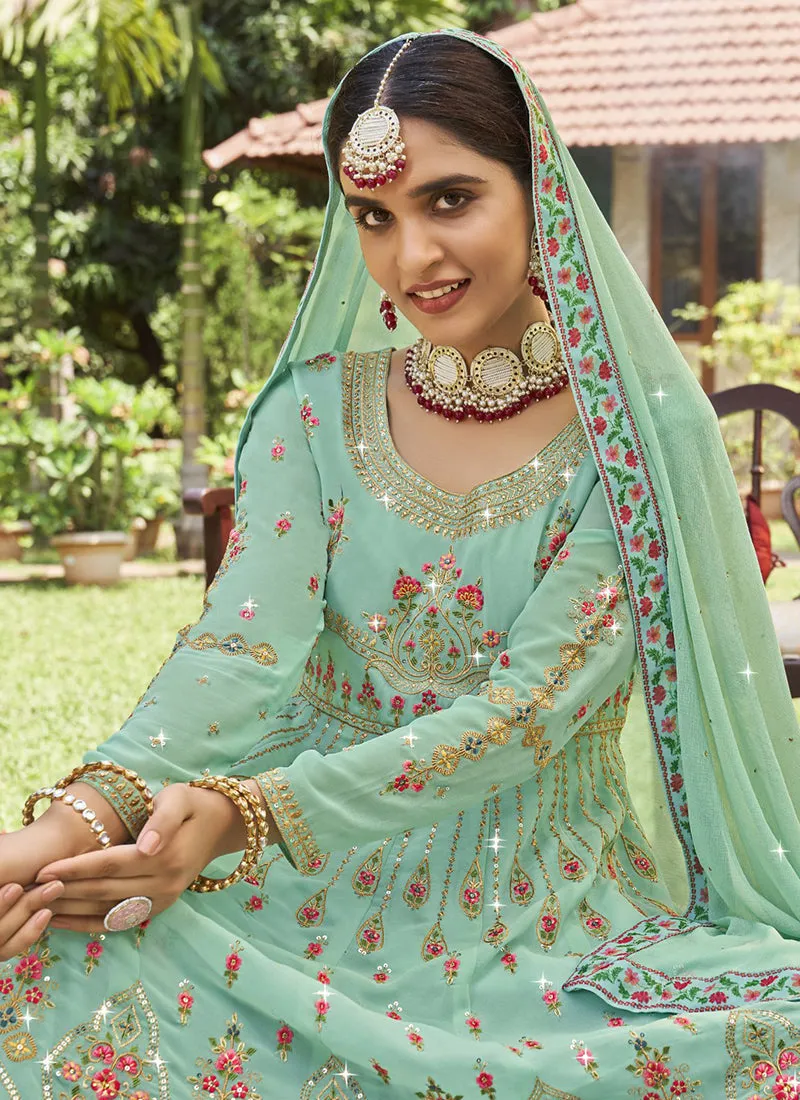 Sea Green Traditional Embroidery Lehenga Kurti