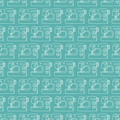 Sew Simple Sewing Machines on Aqua by Andover Fabrics