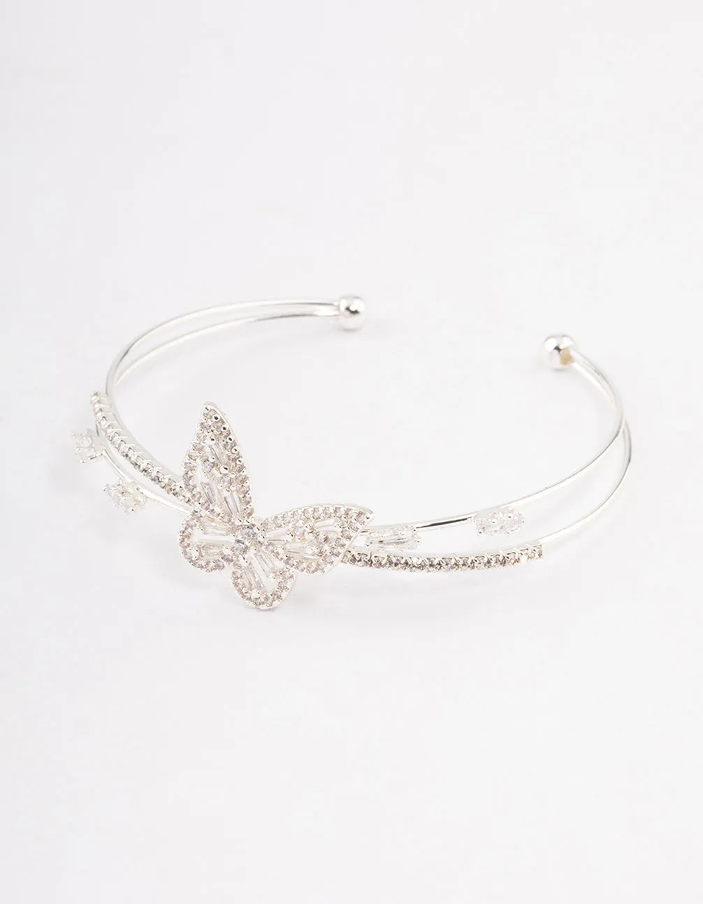 Silver Cubic Zirconia Butterfly Cross Over Cuff Bangle