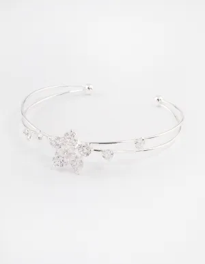 Silver Cubic Zirconia Flower Cross Over Cuff Bangle
