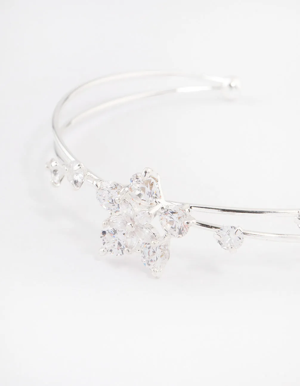 Silver Cubic Zirconia Flower Cross Over Cuff Bangle