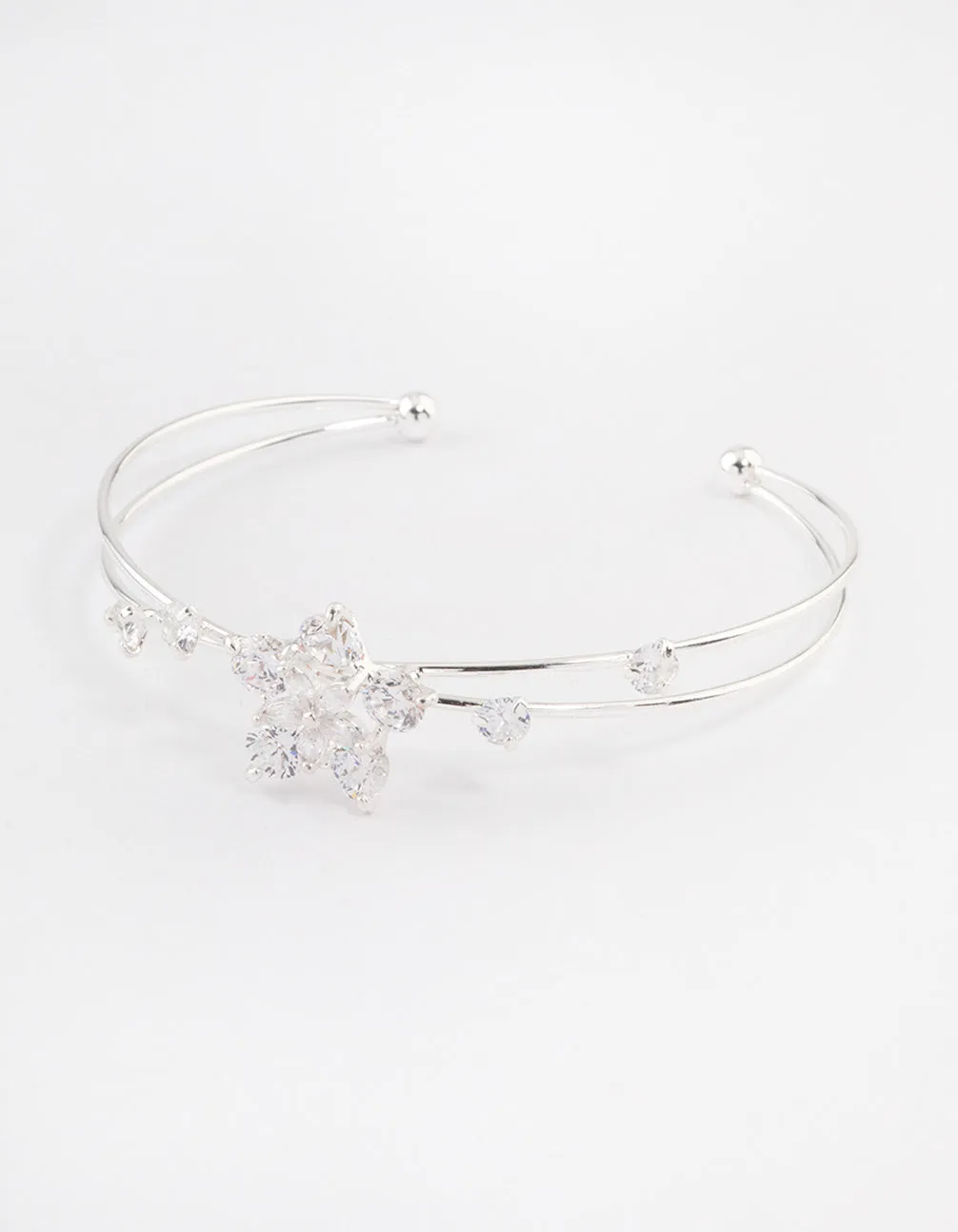 Silver Cubic Zirconia Flower Cross Over Cuff Bangle