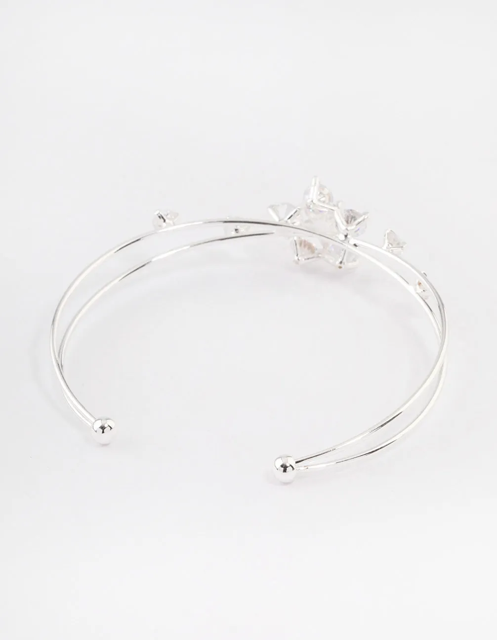 Silver Cubic Zirconia Flower Cross Over Cuff Bangle