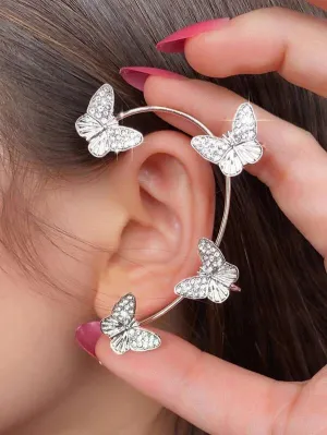 Silvertone Metal White/Clear Rhinestone Multi Butterfly Earring Cuff (1 Left Ear)
