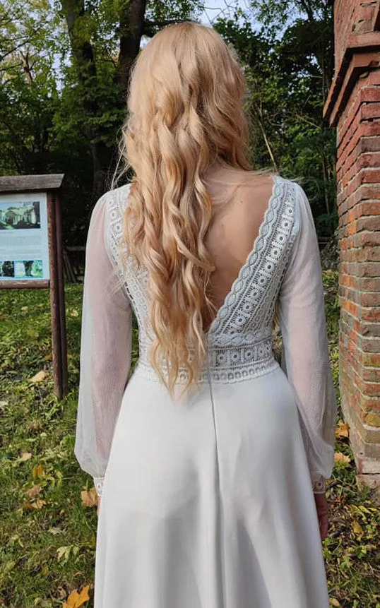 Simple Long Sleeves A-Line Satin Wedding Dress With V-neck And Low-V Back-716443