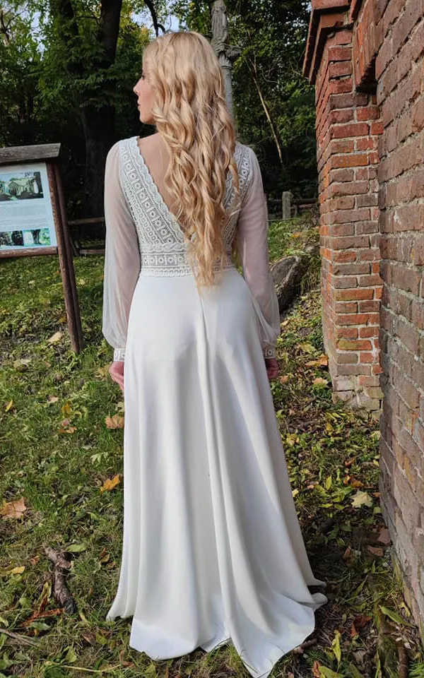 Simple Long Sleeves A-Line Satin Wedding Dress With V-neck And Low-V Back-716443