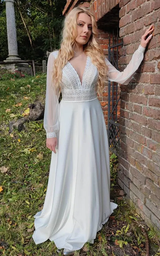 Simple Long Sleeves A-Line Satin Wedding Dress With V-neck And Low-V Back-716443