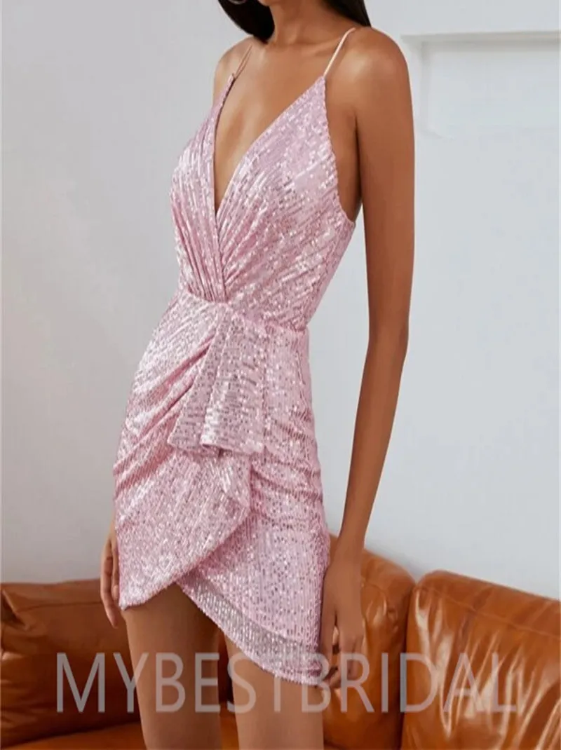 Simple V-neck Spaghetti Strap Sequin Mini Short Homecoming Dresses, HDS0062
