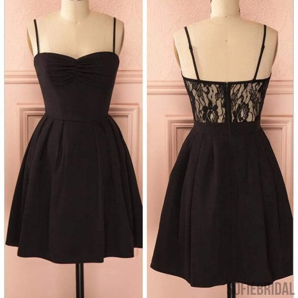 Spaghetti strap black simple lace cheap sexy homecoming prom dress,BD0067
