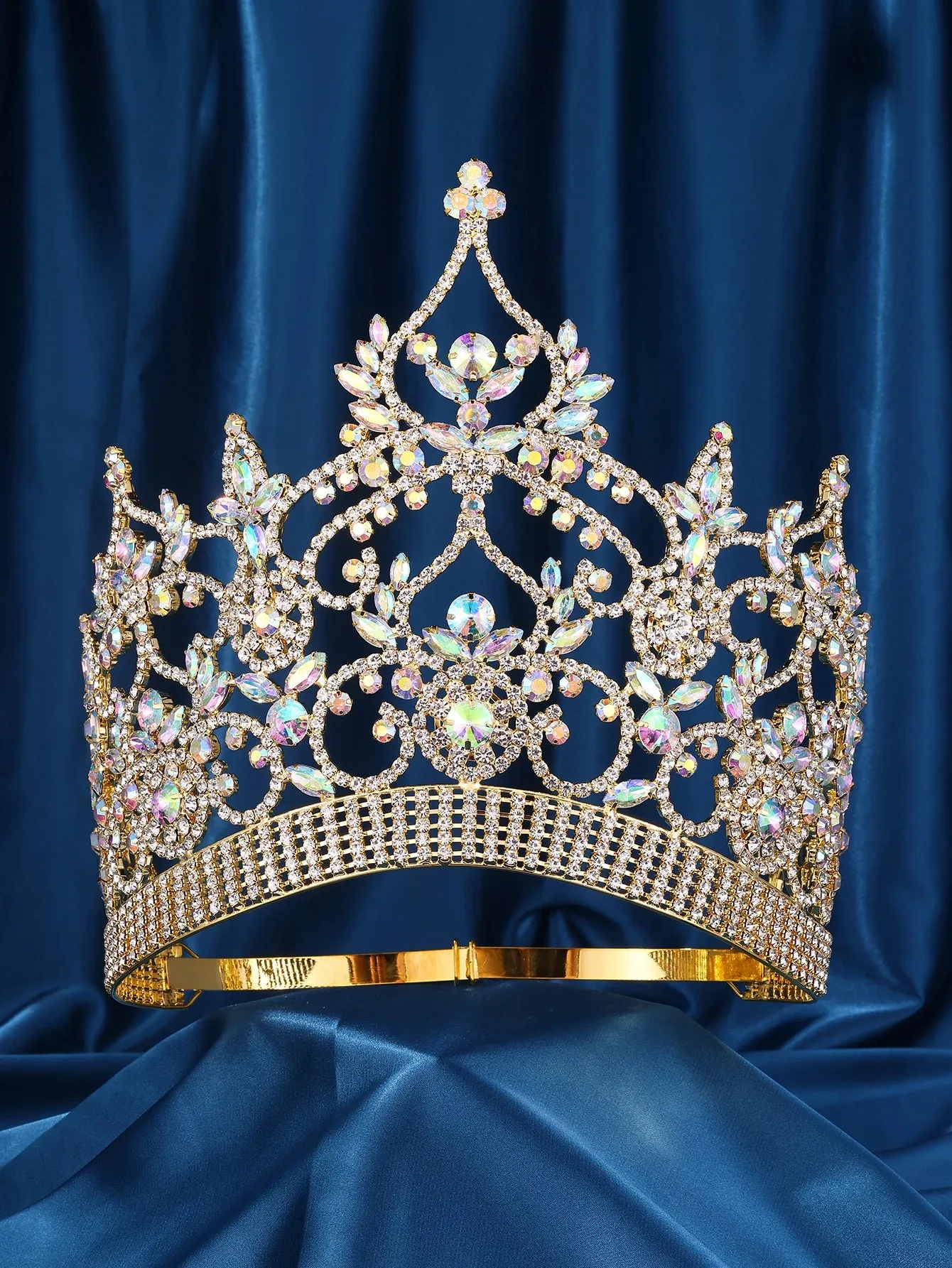 The Imperial Aurora Pageant Crown – Gold Rhinestone Tiara with AB Stones for Beauty Queens (FACTORY)