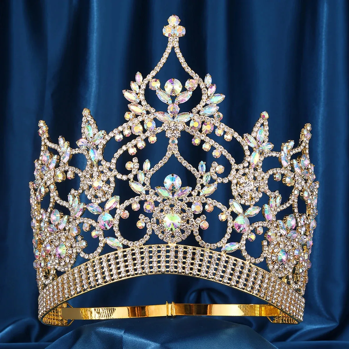 The Imperial Aurora Pageant Crown – Gold Rhinestone Tiara with AB Stones for Beauty Queens (FACTORY)