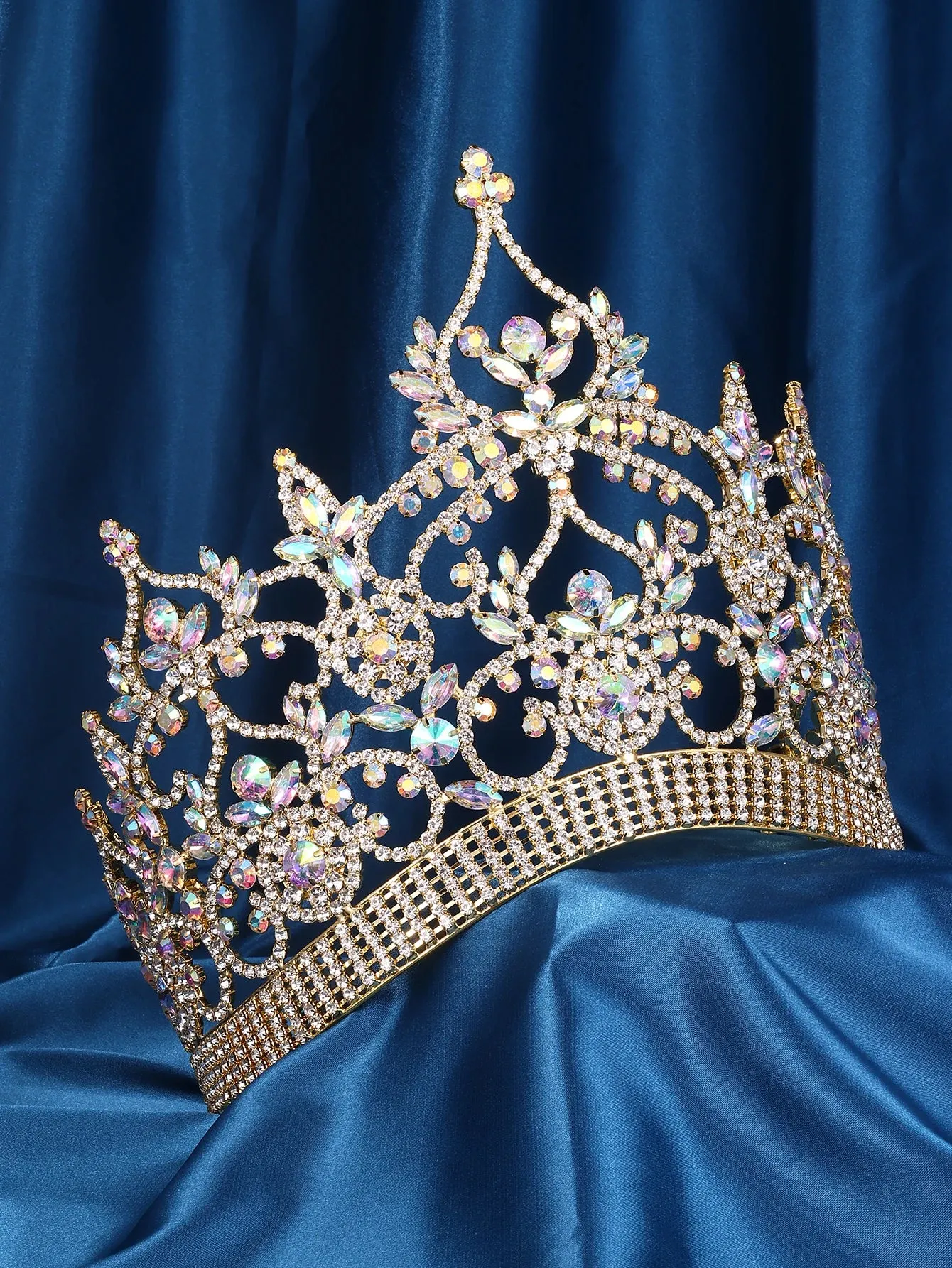 The Imperial Aurora Pageant Crown – Gold Rhinestone Tiara with AB Stones for Beauty Queens (FACTORY)