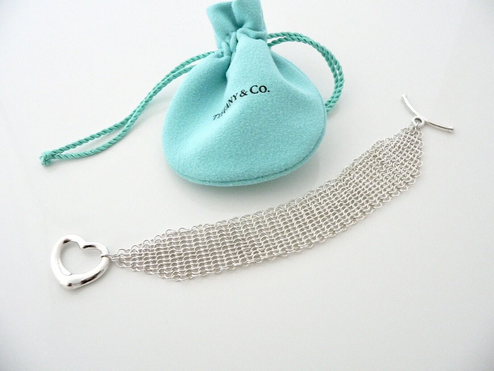 Tiffany & Co Silver Peretti Open Heart Mesh Bracelet Bangle Gift Pouch Love Art