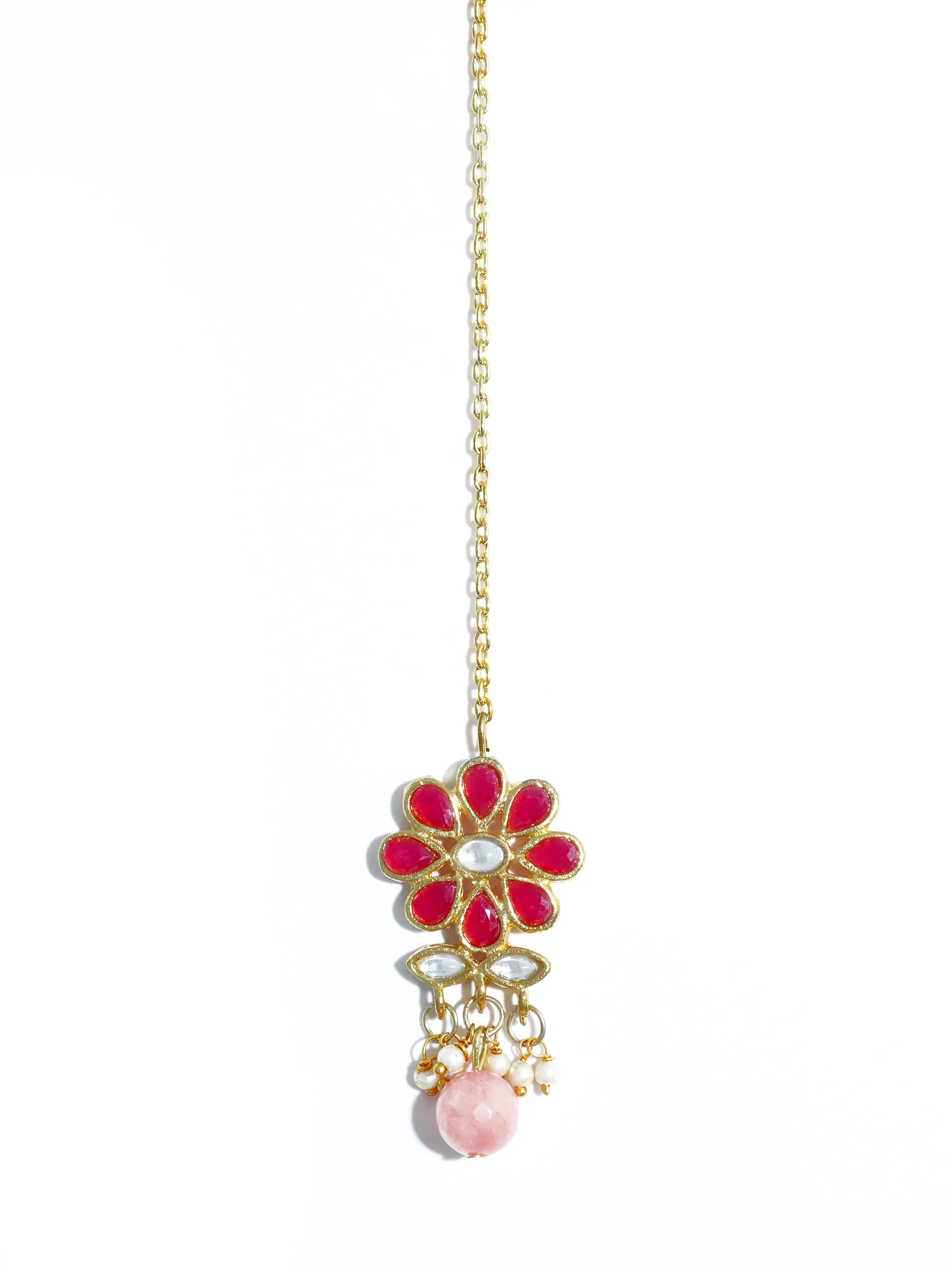Traditional Gold Plated Red Kundan Maangtikka with Pink Beads for Women