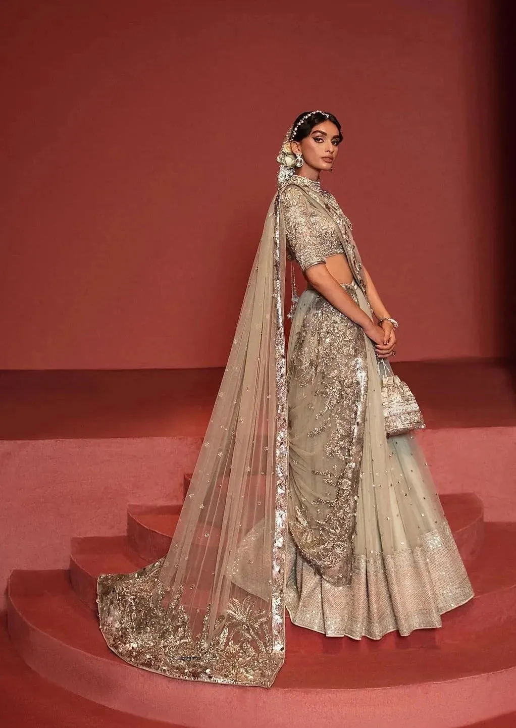 Traditional Silver Bridal Lehenga Choli and Dupatta