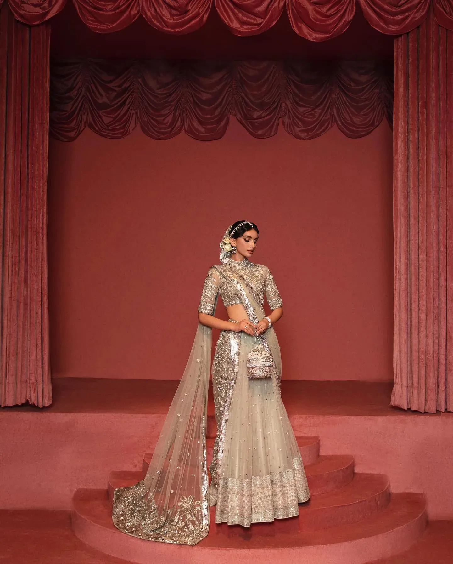 Traditional Silver Bridal Lehenga Choli and Dupatta