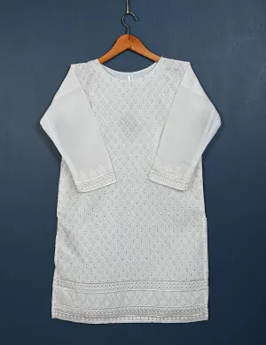 TS-155-White - Dove - Paper Cotton Embroidered  Kurti