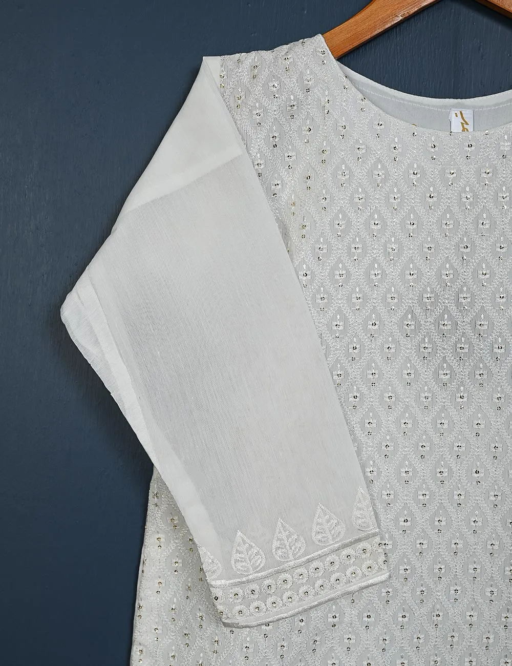 TS-155-White - Dove - Paper Cotton Embroidered  Kurti