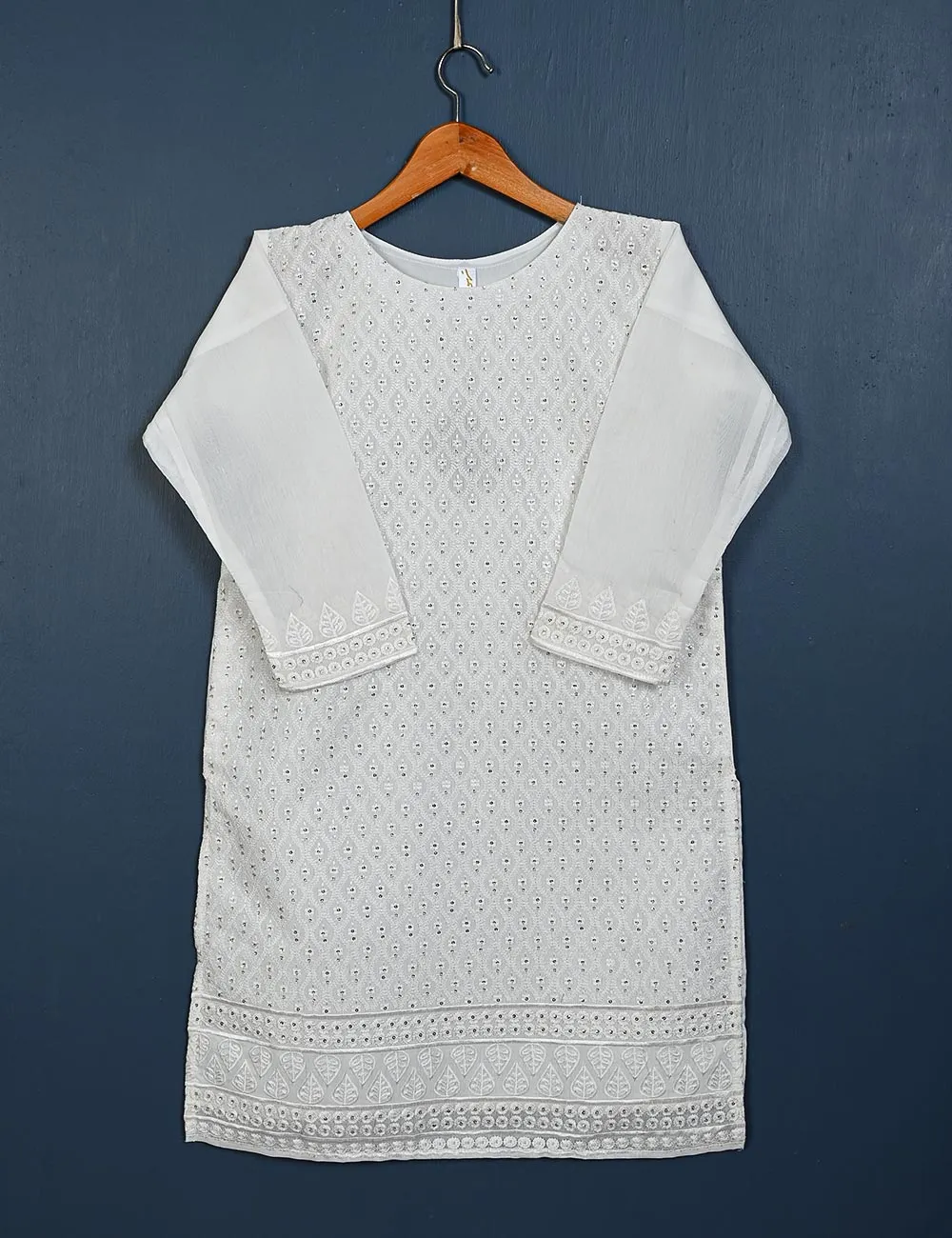 TS-155-White - Dove - Paper Cotton Embroidered  Kurti