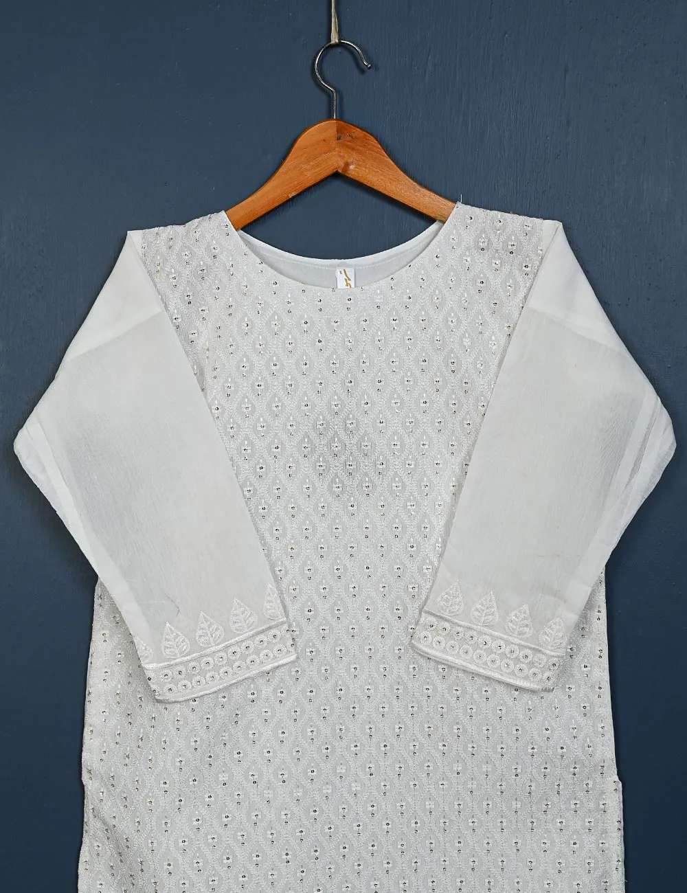 TS-155-White - Dove - Paper Cotton Embroidered  Kurti