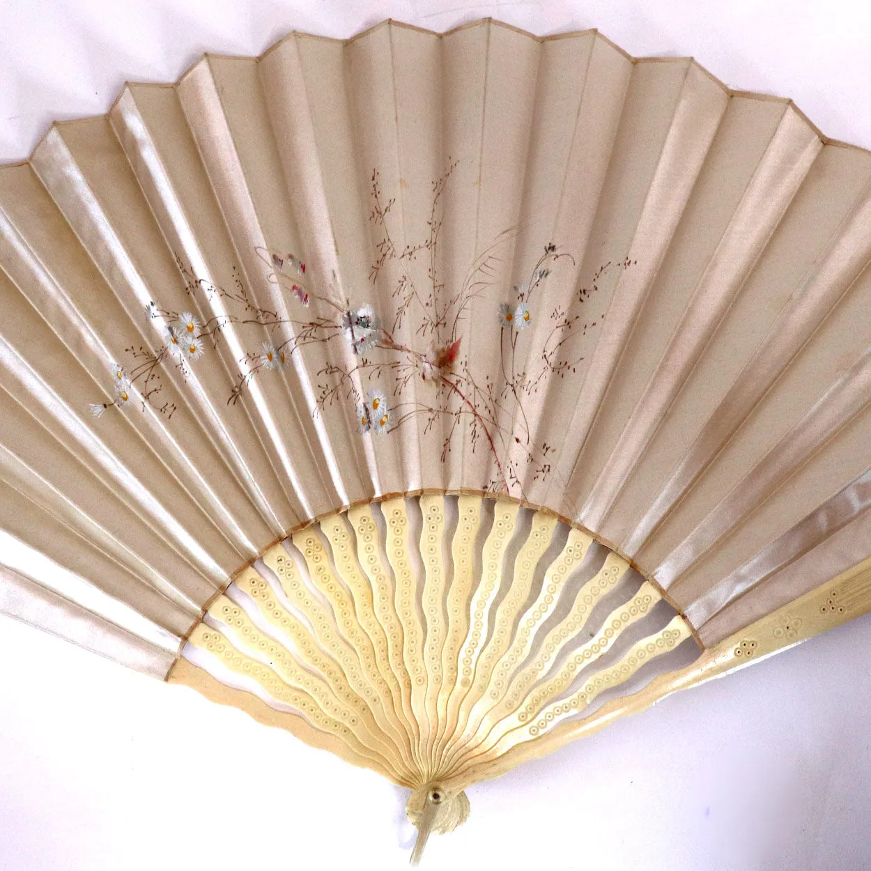 Two Vintage Japanese Hand Painted Silk and Ivory Folding Fans