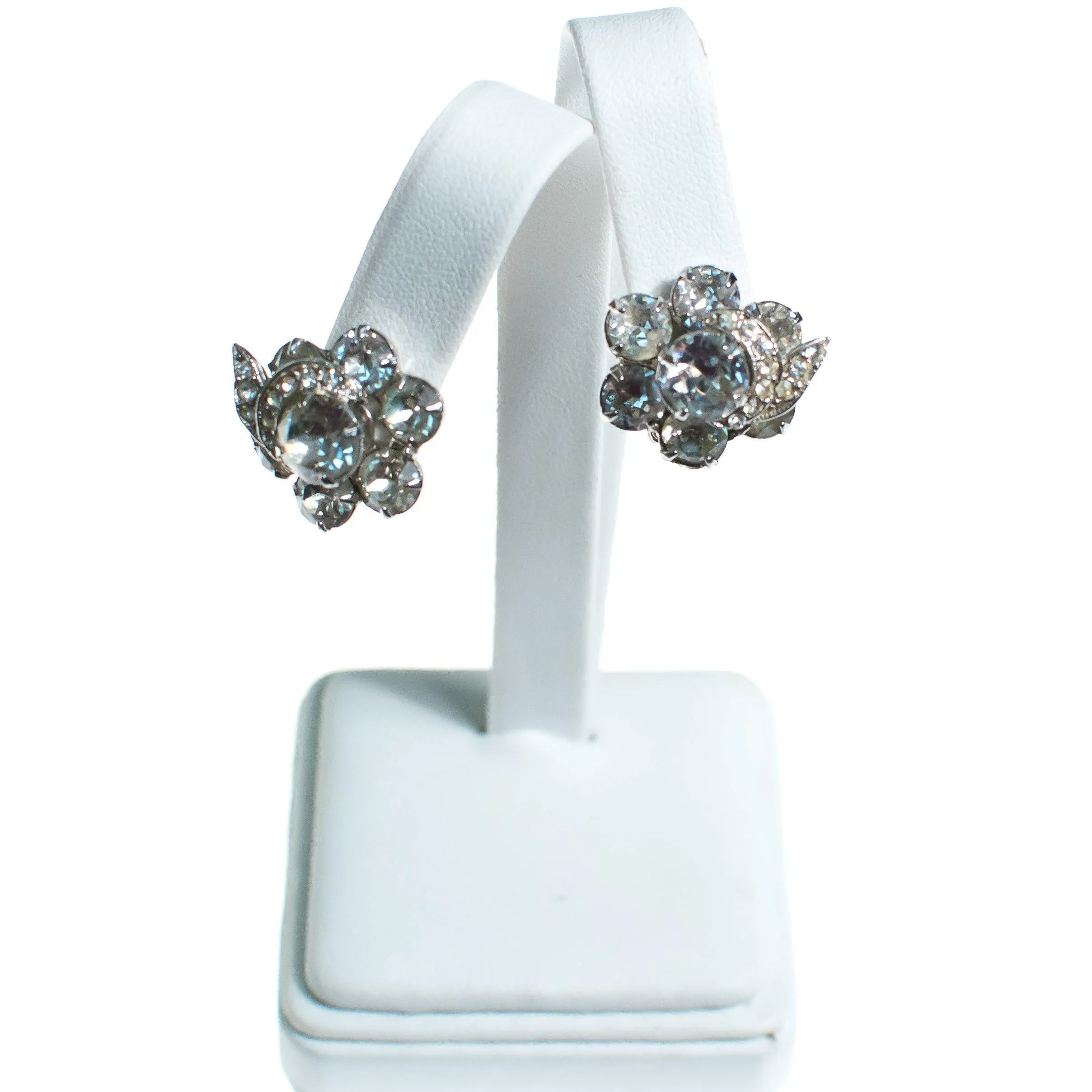 Vintage 1950s Weiss Diamante Rhinestone Crystal Flower Earrings