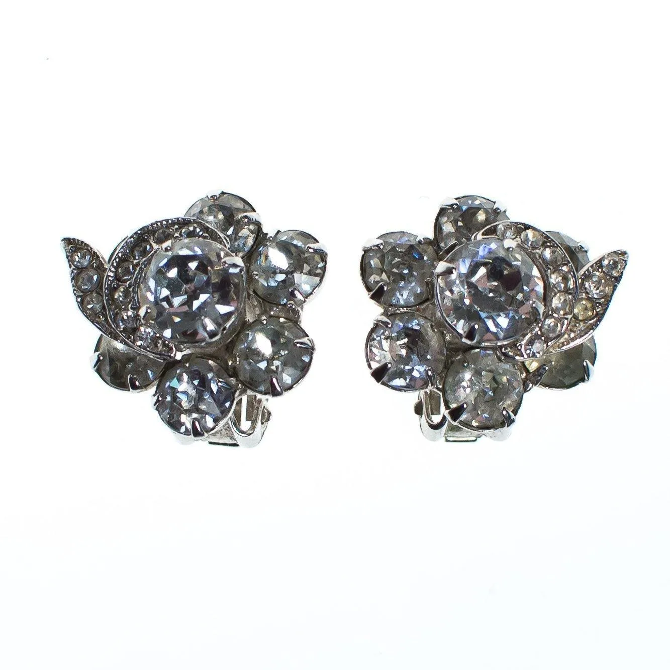 Vintage 1950s Weiss Diamante Rhinestone Crystal Flower Earrings