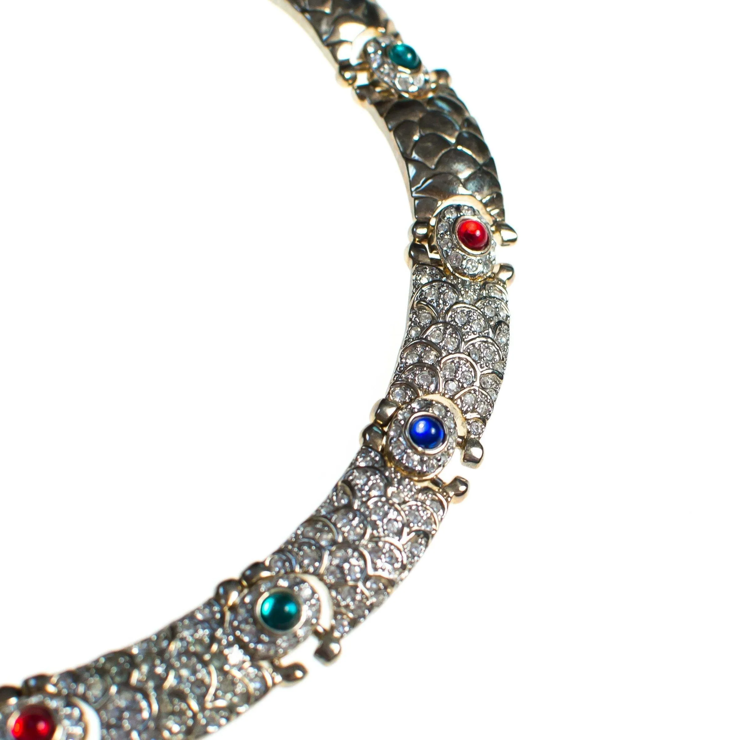 Vintage 1980s Art Deco Style Collar Necklace with Jewel Tone Cabochons and Diamante Crystal Rhinestones