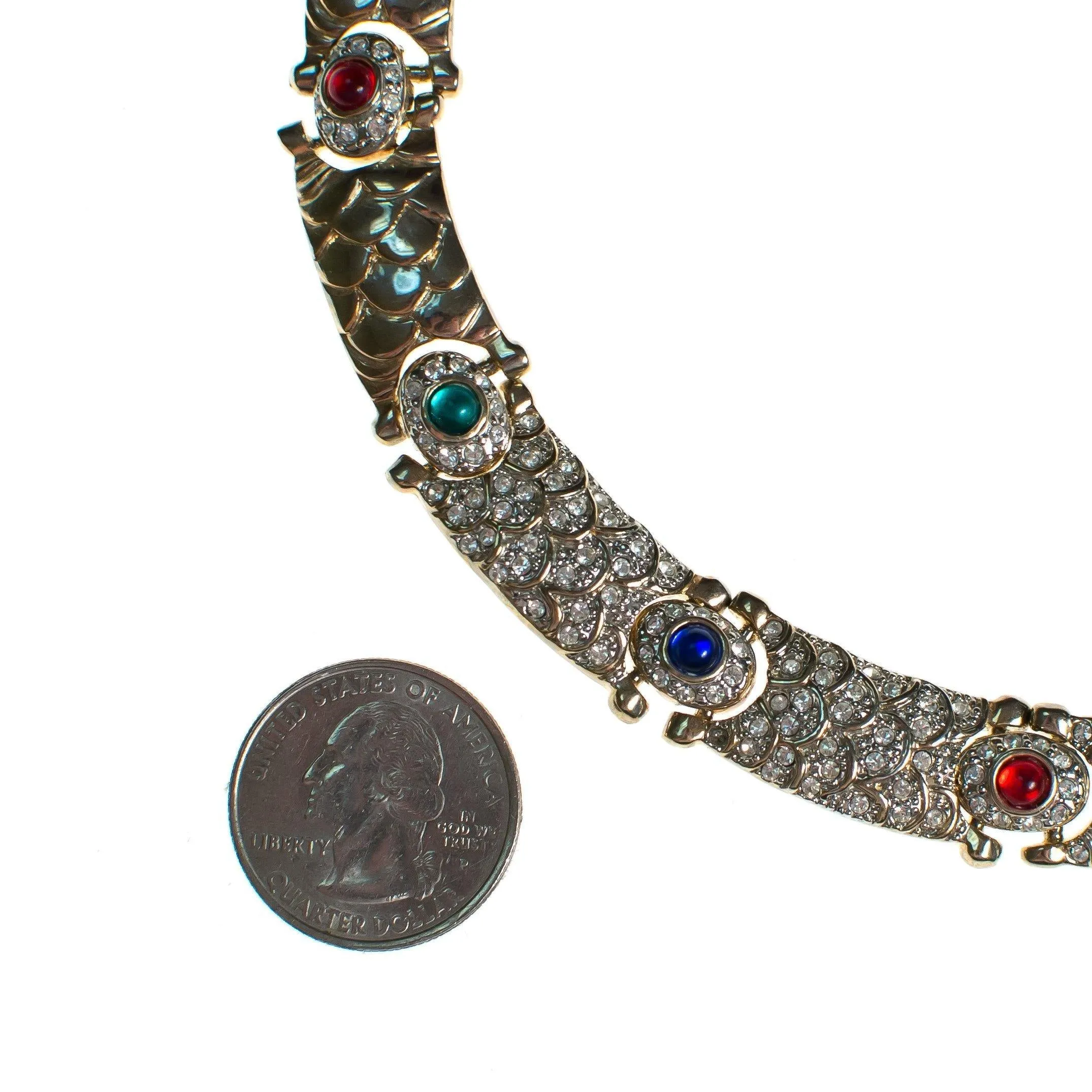 Vintage 1980s Art Deco Style Collar Necklace with Jewel Tone Cabochons and Diamante Crystal Rhinestones
