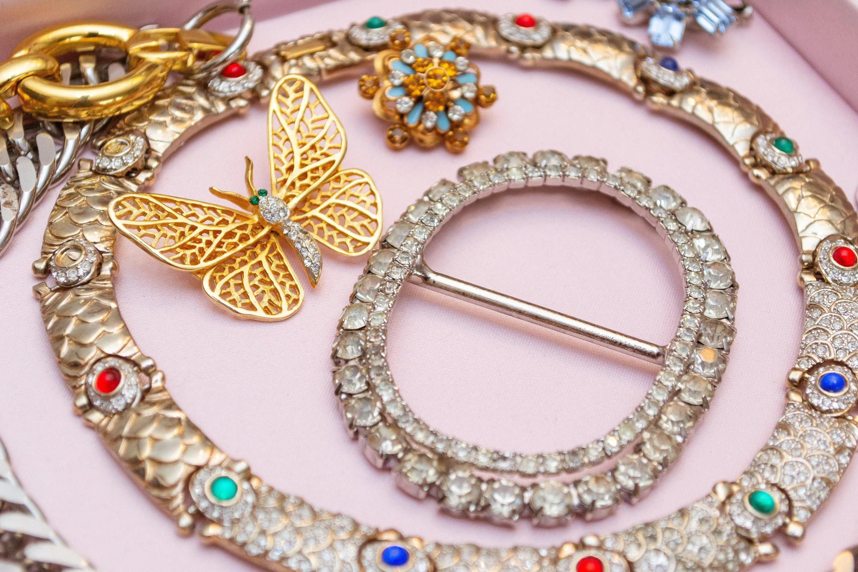 Vintage 1980s Art Deco Style Collar Necklace with Jewel Tone Cabochons and Diamante Crystal Rhinestones