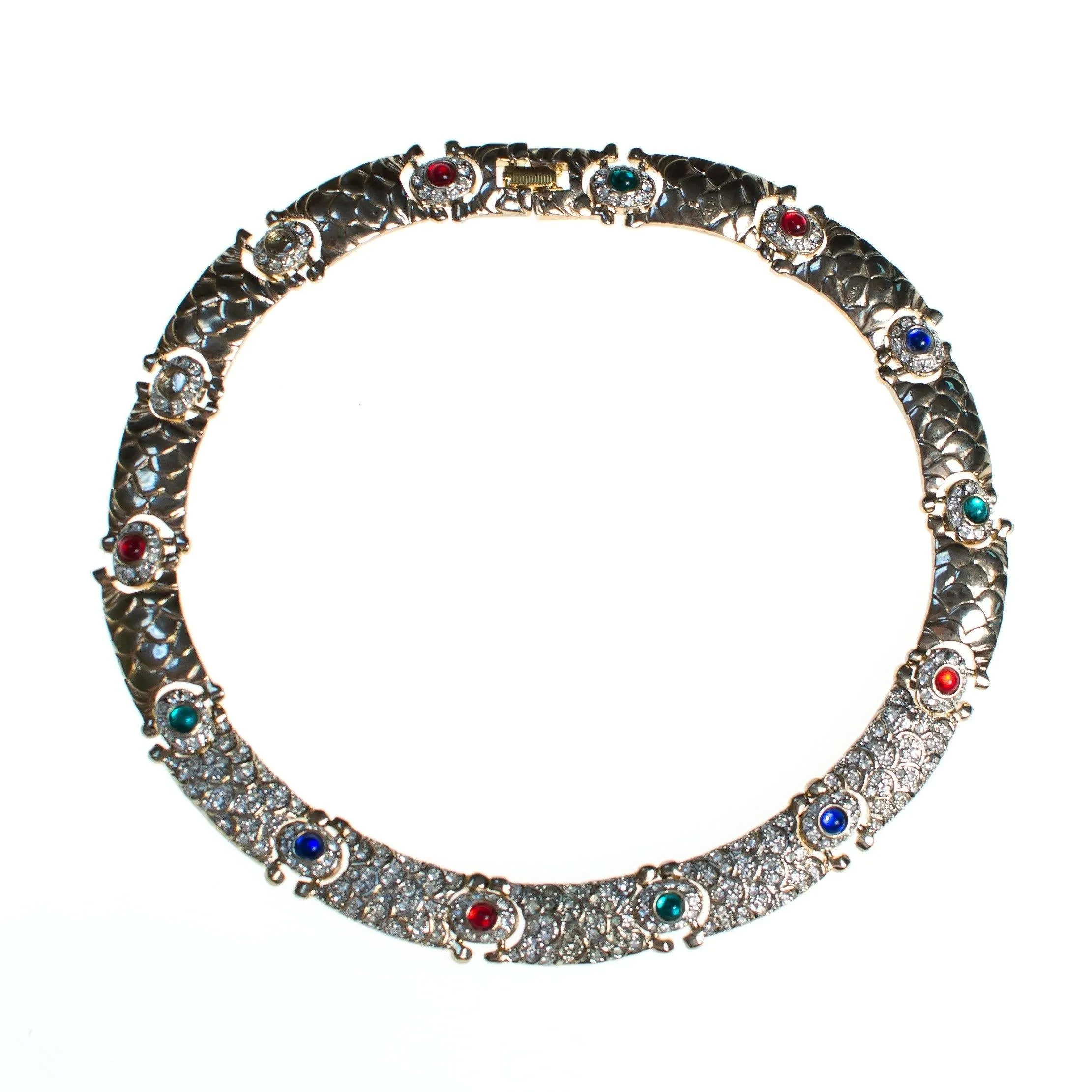 Vintage 1980s Art Deco Style Collar Necklace with Jewel Tone Cabochons and Diamante Crystal Rhinestones